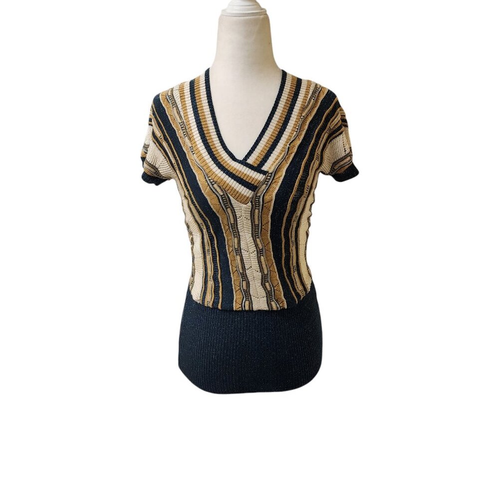 Dolce Vita Green Gold Brown Sparkly Short Sleeve Sweater Top Small Sexy V-Neck